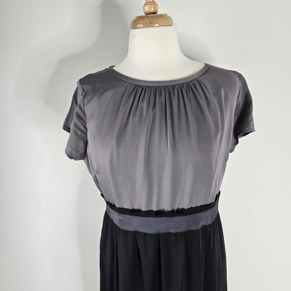Boden Silk Black/Gray Short Sleeve Sheath Dress Size 12L Banded Waist Pleated - Picture 3 of 14